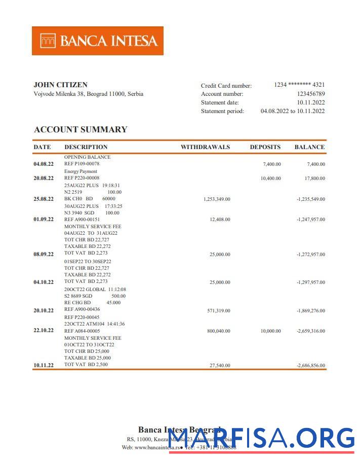 Blank Serbia Banca Intesa bank statement excel example